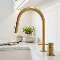 Pull Down Brass Kitchen Faucet, Unlacquered Bridge Faucet, Vintage Gold Sink Tap