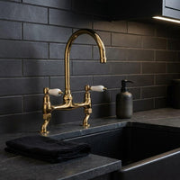 Unlacquered Brass Faucet, Bridge Kitchen Tap, White Porcelain Lever Handles, Vintage Deck Mount Mixer