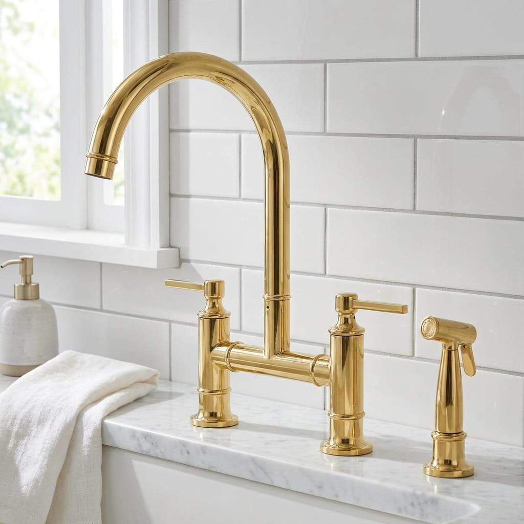 Unlacquered Brass Bridge Kitchen Faucet – detail view