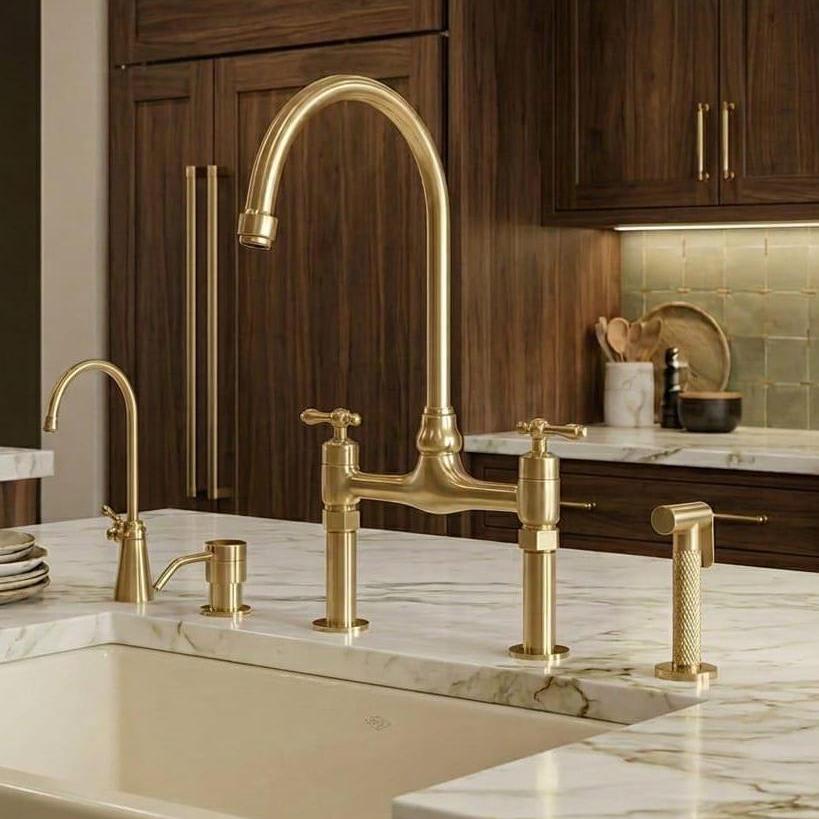 Brushed Brass Bridge Kitchen Faucet, Side Sprayer & Soap Dispenser – close-up of the finish