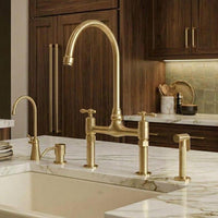 Brushed Brass Bridge Kitchen Faucet with Side Sprayer, Soap Dispenser and Cold Tap