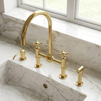Unlacquered Brass Bridge Kitchen Faucet with Side Sprayer Soap Dispenser Tap