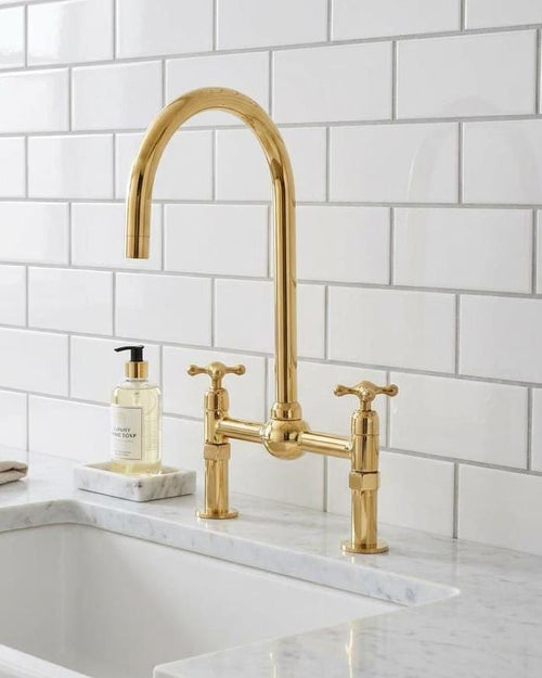 Unlacquered Brass Bridge Kitchen Faucet, High Arc Sink Mixer – installed view