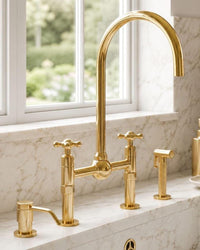 Unlacquered Brass Bridge Kitchen Faucet with Side Sprayer Soap Dispenser Tap