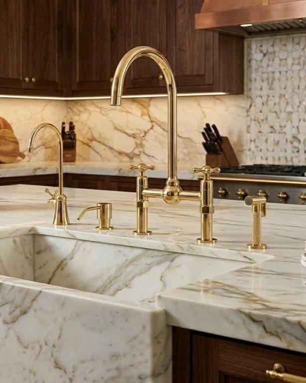 Unlacquered Brass Bridge Kitchen Faucet with Side Sprayer Soap Dispenser Tap – alternate angle