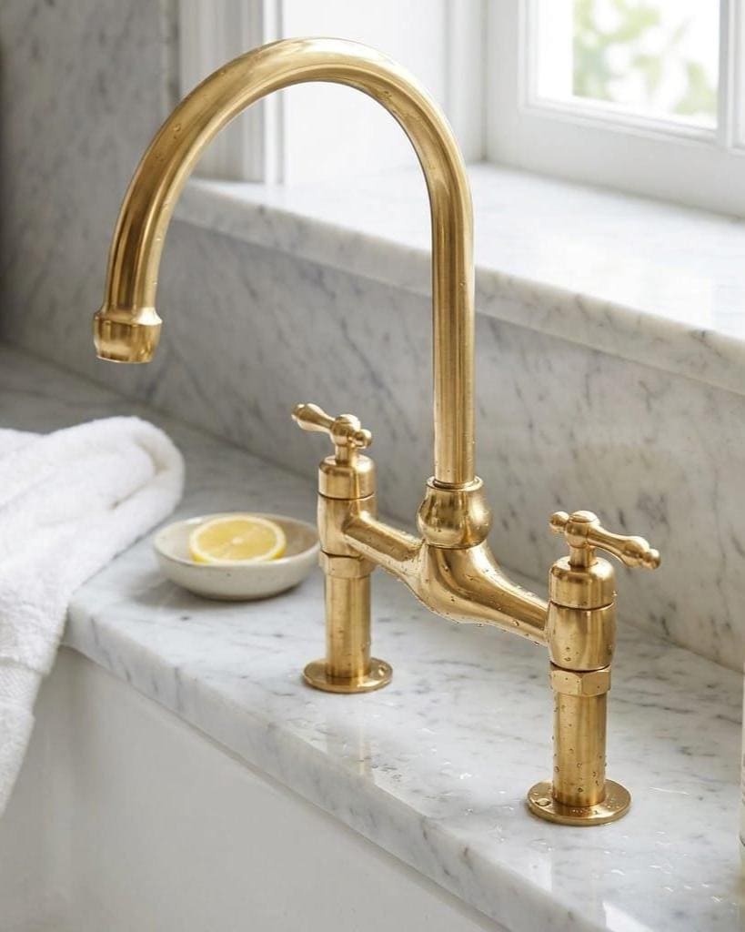 Solid Brass Bridge Kitchen Faucet, High Arc Gold Sink Tap – alternate angle
