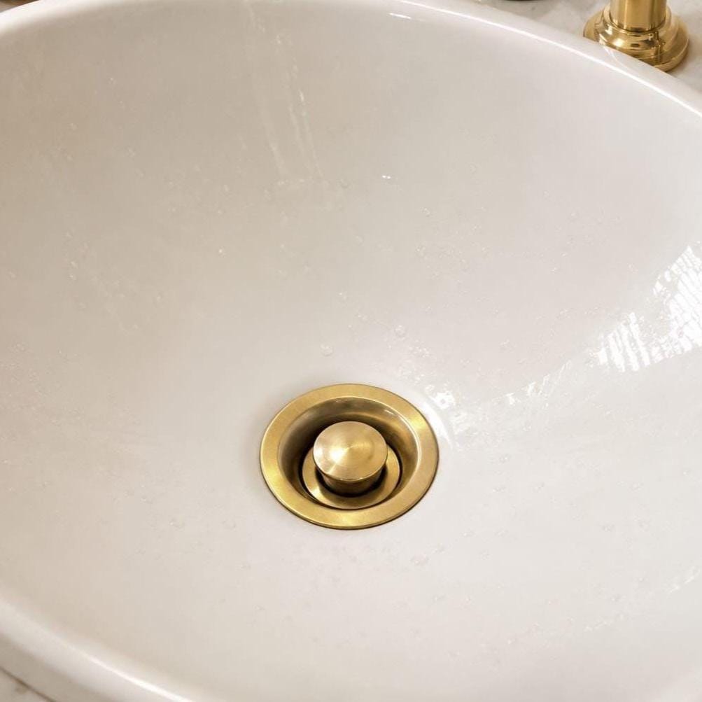 Solid Unlacquered Brass Sink Drain Stopper – installed view