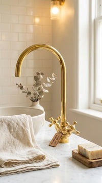 Unlacquered Brass Bridge Kitchen Faucet, Farmhouse  Tap, Gooseneck Faucet