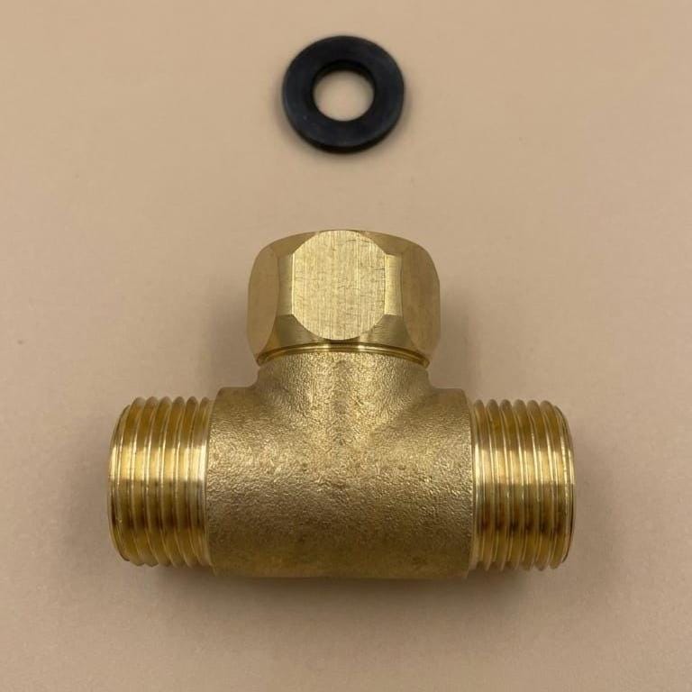 Unlacquered Brass Shower Arm Diverter Tee – installed view