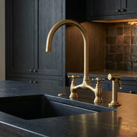 Unlacquered Brass Bridge Kitchen Faucet, Vintage Farmhouse Sink Mixer Tap, Solid Brass sprayer