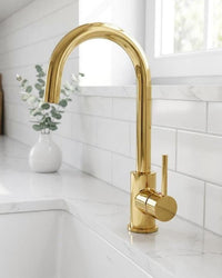 Solid Brass Kitchen Faucet, High Arc Swivel Spout, Modern Gold Tap