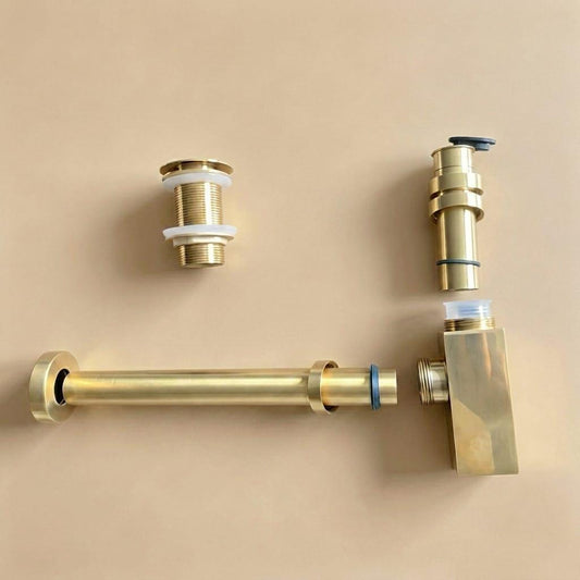 Unlacquered Brass P Trap Drain Pipe, Exposed Bottle Trap – detail view