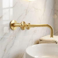 Brushed Gold Faucet Wall Mount – Solid Brass 2 Handle Lever Bathroom Sink Hardware