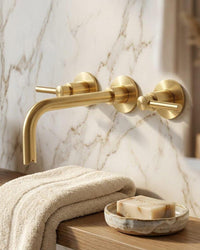 Brushed Gold Faucet Wall Mount – Solid Brass 2 Handle Lever Bathroom Sink Hardware
