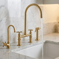 Solid Brass Bridge Kitchen Faucet with Side Sprayer, Vintage Gold Farmhouse Sink Mixer Tap