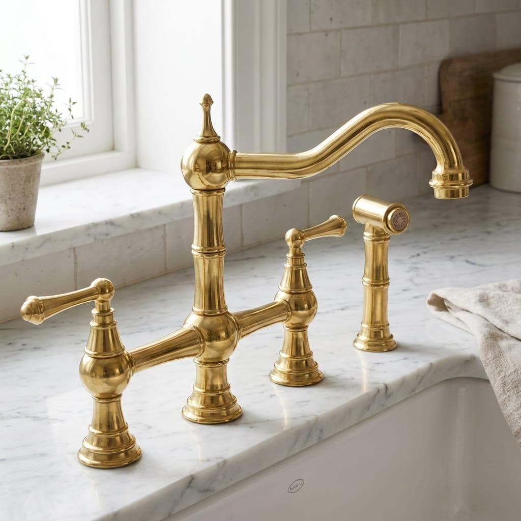 Brushed Brass Bridge Kitchen Faucet with Side Sprayer – close-up of the finish