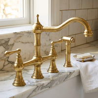 Bridge Kitchen Faucet with Sprayer, Vintage Brass Sink Fixture, Deck Mount Kitchen Tap