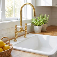 Unlacquered Brass Faucet, Bridge Kitchen Tap, White Porcelain Lever Handles, Vintage Deck Mount Mixer