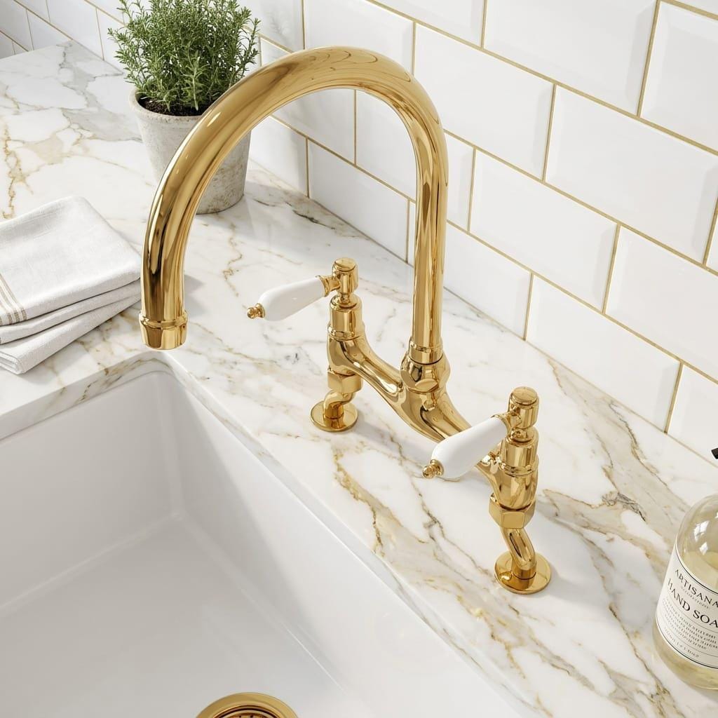 Unlacquered Brass Faucet, Bridge Kitchen Tap – installed view