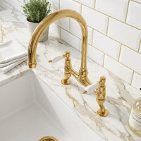 Unlacquered Brass Faucet, Bridge Kitchen Tap, White Porcelain Lever Handles, Vintage Deck Mount Mixer