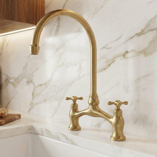 Unlacquered Brass Bridge Kitchen Faucet, High Arc Gold Sink Mixer