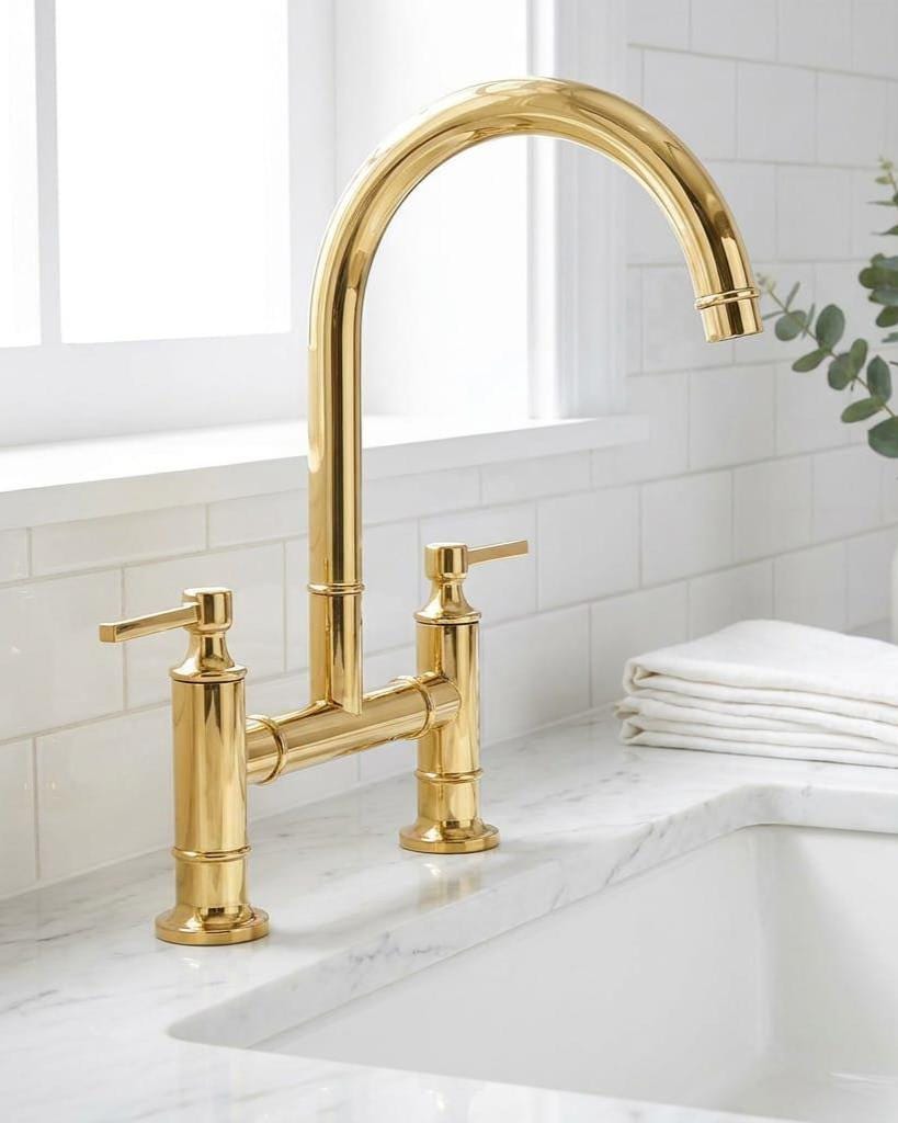 Solid Brass Bridge Kitchen Faucet, Dual Handle Farmhouse Tap – alternate angle