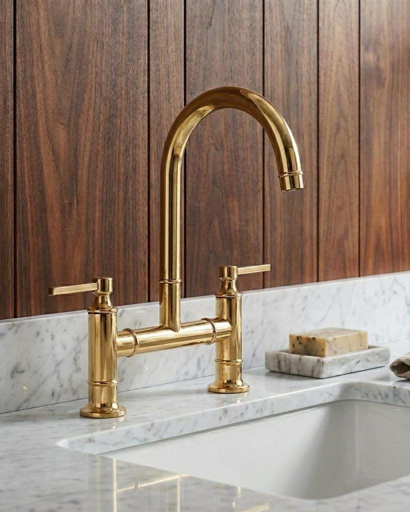 Solid Brass Bridge Kitchen Faucet, Dual Handle Farmhouse Tap