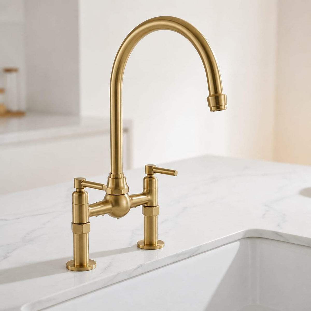 Unlacquered Brass Bridge Kitchen Faucet, Unlacquered Brass Gooseneck Tap – alternate angle