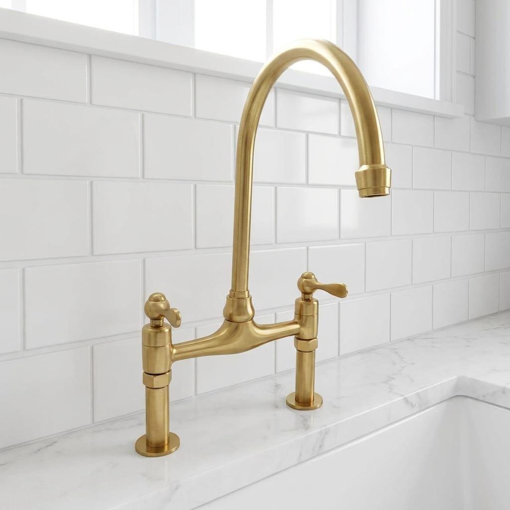 Brushed Brass Bridge Kitchen Faucet, High Arc Swivel Spout – close-up of the finish