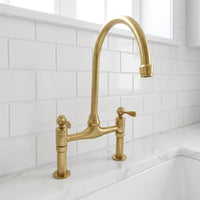 Brushed Brass Bridge Kitchen Faucet, Vintage Gold Farmhouse Sink Tap, High Arc Swivel Spout