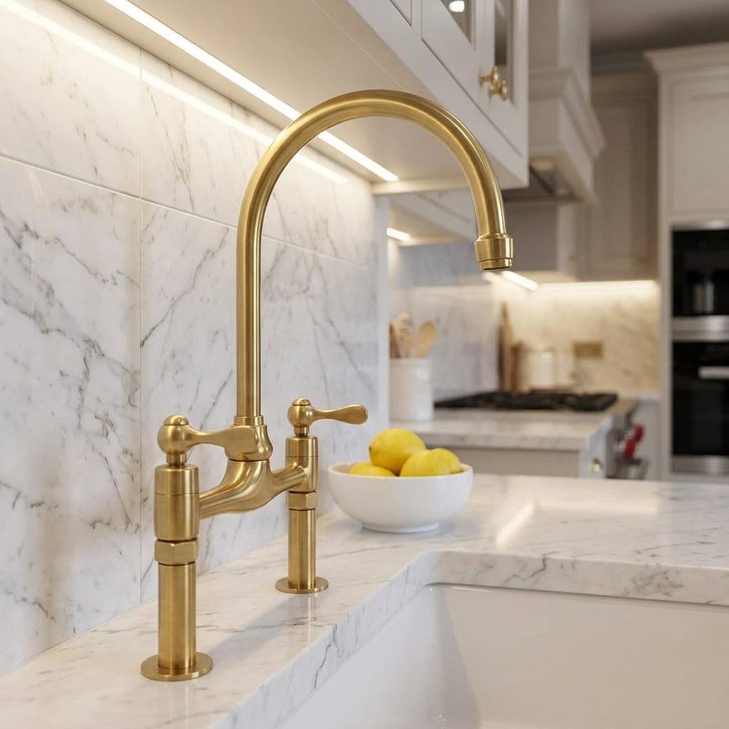 Brushed Brass Bridge Kitchen Faucet, High Arc Swivel Spout – alternate angle