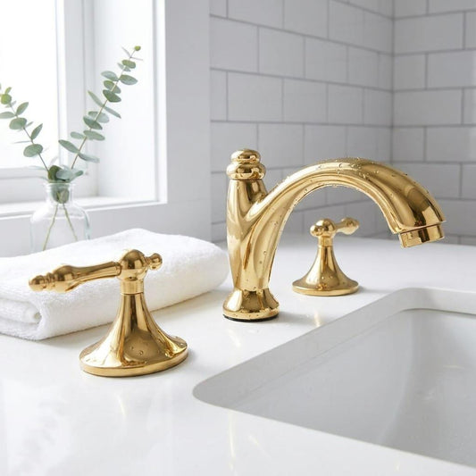 Unlacquered Brass Widespread Faucet, Living Finish Brass – detail view
