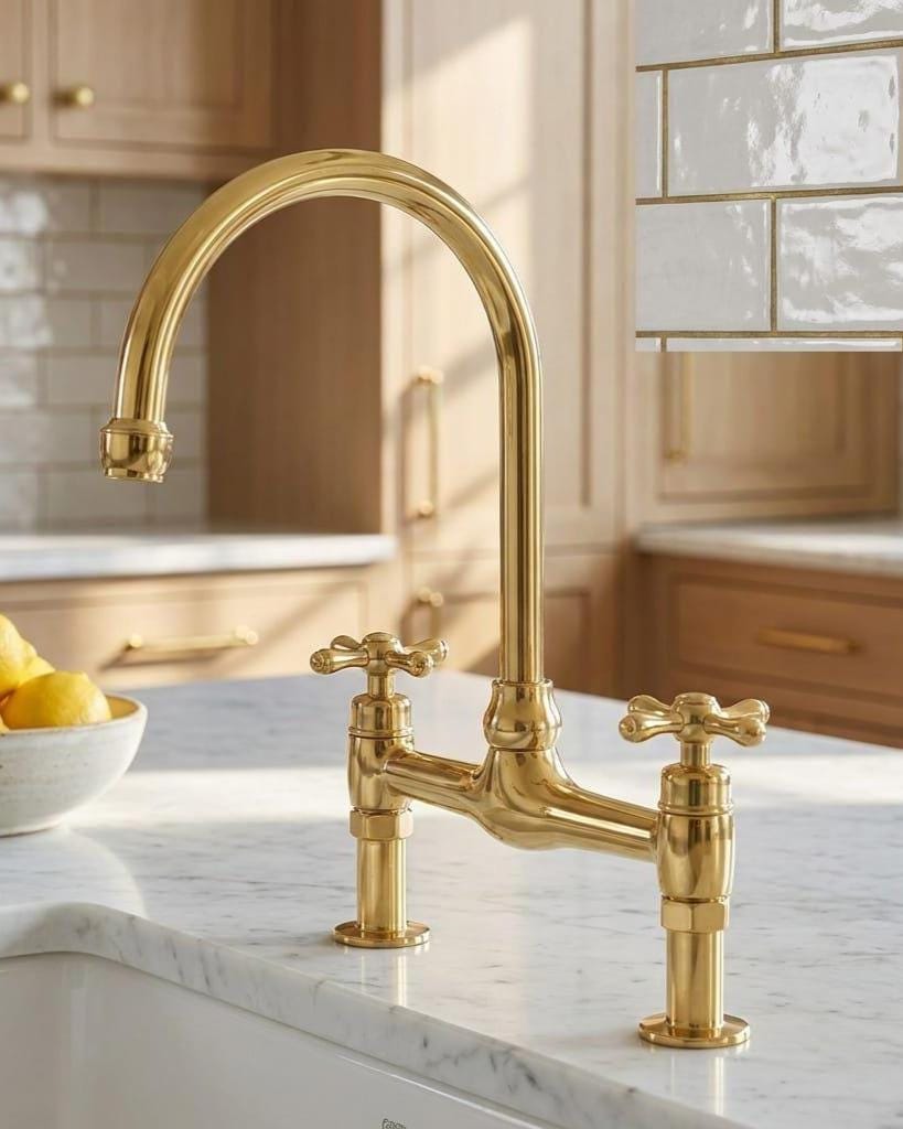 Solid Brass Bridge Kitchen Faucet, High Arc Gold Sink Tap – close-up of the finish