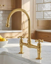 Solid Brass Bridge Kitchen Faucet, High Arc Gold Sink Tap, Deck Mount