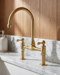 Unlacquered Brass Bridge Kitchen Faucet, Vintage Farmhouse Sink Mixer Tap, Solid Brass Swivel Spout