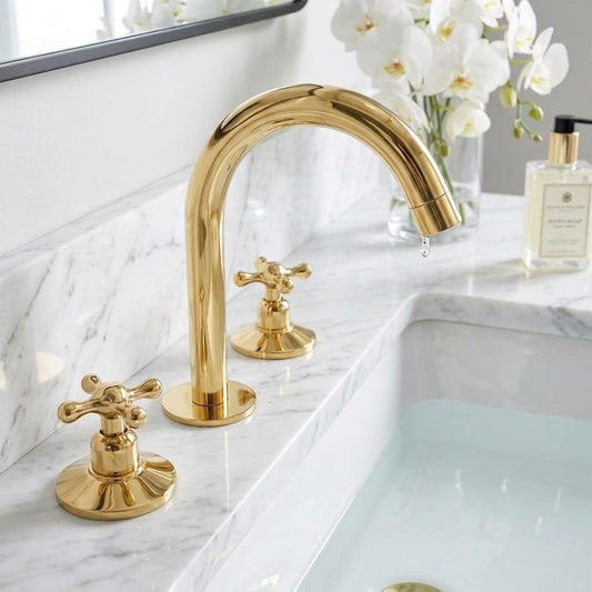 Unlacquered Brass Widespread Bathroom Faucet, 3 Hole Sink Mixer