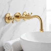Polished Brass Wall Mount Faucet – Curved Spout Vintage Gold Bathroom Sink Tap