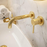 Wall Mount Bathroom Faucet Gold Brass, Sink Mixer Tap, Modern Vanity Fixture