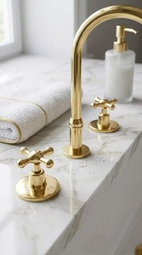 Solid Brass Widespread Bathroom Faucet | Gold 3-Hole Cross Handle Vanity Mixer Tap