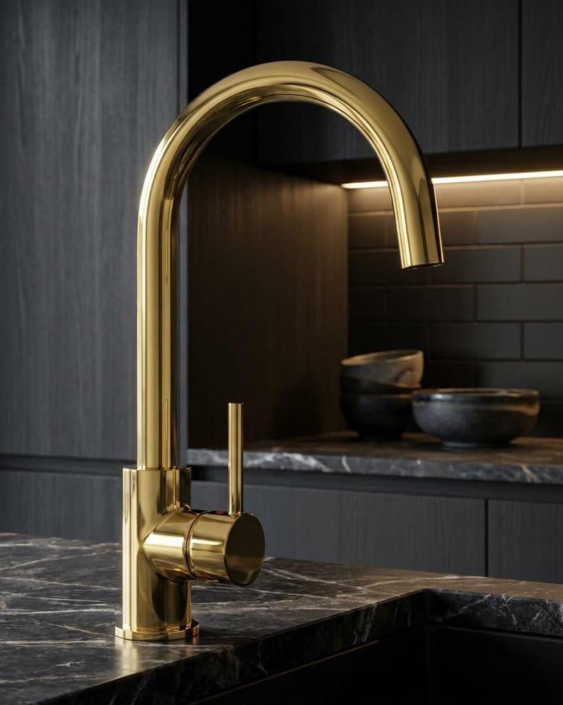 Solid Brass Kitchen Faucet, High Arc Swivel Spout – alternate angle