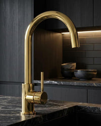 Solid Brass Kitchen Faucet, High Arc Swivel Spout, Modern Gold Tap
