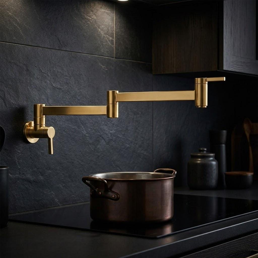 Unlacquered Brass Pot Filler Faucet, Wall Mount Folding Arm Tap – close-up of the finish