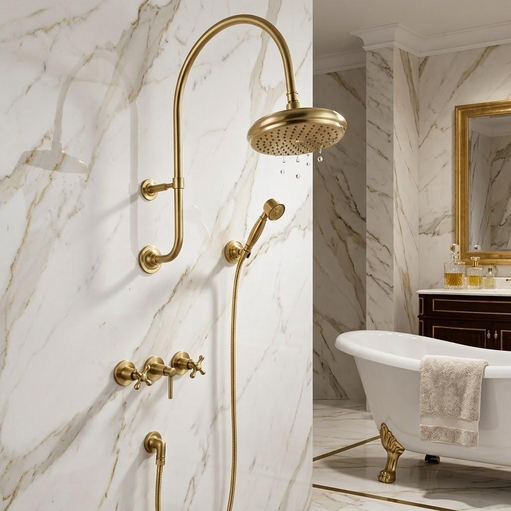 Brass Shower System, Rainfall Set, Vintage Bathroom Hardware