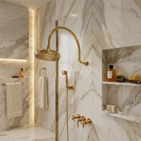 Solid Brass Gold Rainfall Shower System, Vintage Exposed Wall Mount Kit Handheld Sprayer