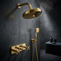 Unlacquered Brass Shower System | Solid Brass Wall Mount Rainfall Fixture, Handheld Set
