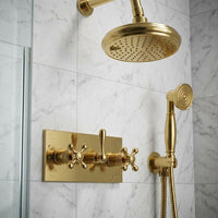 Unlacquered Brass Shower System | Solid Brass Wall Mount Rainfall Fixture, Handheld Set