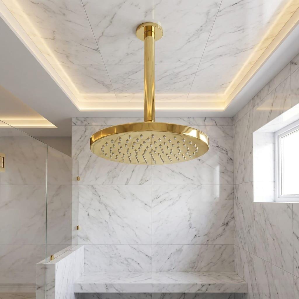 Brushed Brass Ceiling Mount Rain Shower Head – installed view