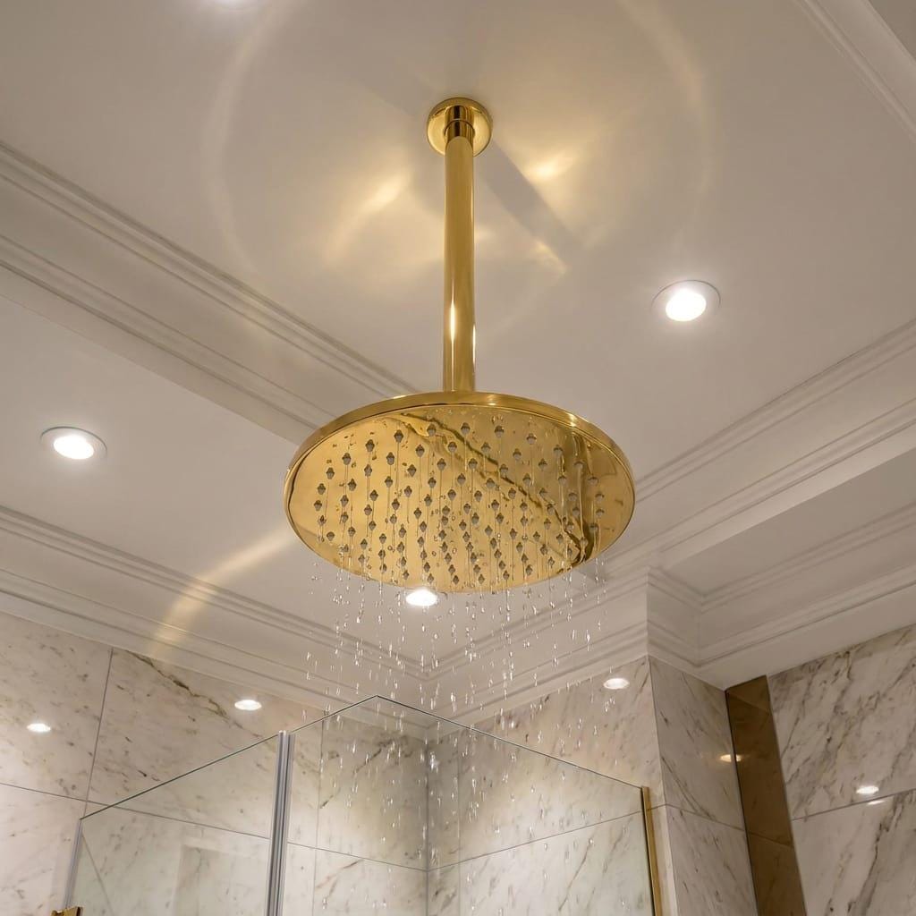 Brushed Brass Ceiling Mount Rain Shower Head – close-up of the finish