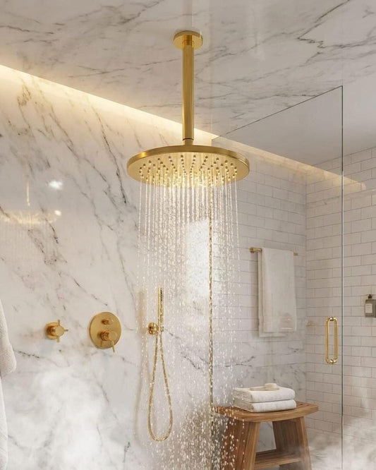 Brushed Brass Ceiling Mount Rain Shower Head – detail view