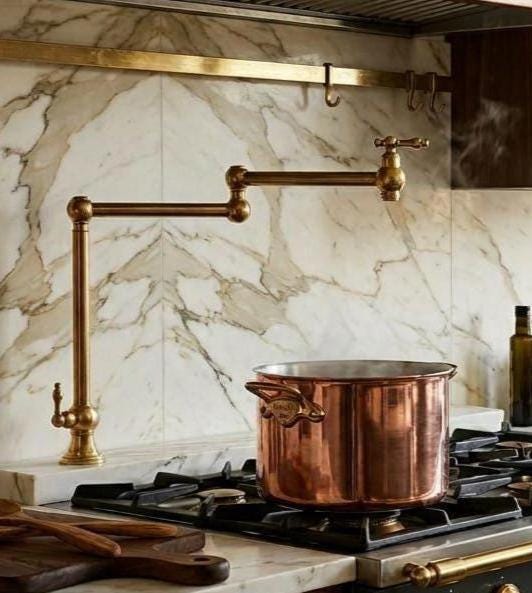 Unlacquered Brass Pot Filler Faucet, Folding Kitchen Tap – close-up of the finish